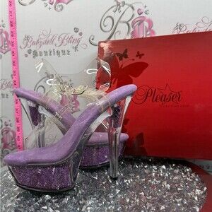 Pleaser heels Lavender Glitter Platform Heels Clear Straps kiss multi glitter